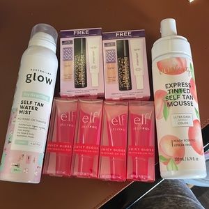 self tan products and elf jelly pop gloss and tarte